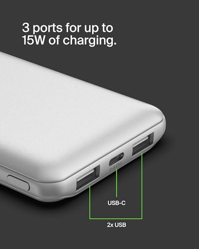 Belkin 10000mAh 15W 3 Port Power Bank, USB A to USB C Cable Included | Fast Charging, iPhone 17, Samsung Galaxy, Pixel, Airpods, iPad, Nintendo Switch 2, Battery Pack, USB C Port, USB A Port - color: Silver