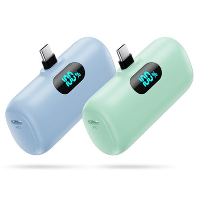 [2-Pack] Mini Portable Charger 5000mAh Power Bank,3A PD USB C Cell Phone Portable Power, LCD Display Battery Pack Compatible with iPhone 17/17 Air/16/16 pro/15/15 pro Max/Android/Samsung/Moto/LG etc - color: Light green+Light blue