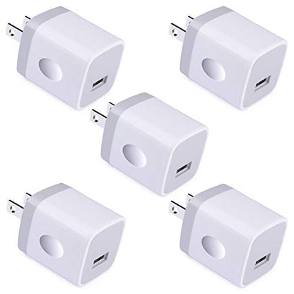 Single Port USB Charger,1A 5V Wall Plug USB Power Adapter 5 Pack for iPhone - color: 5-White