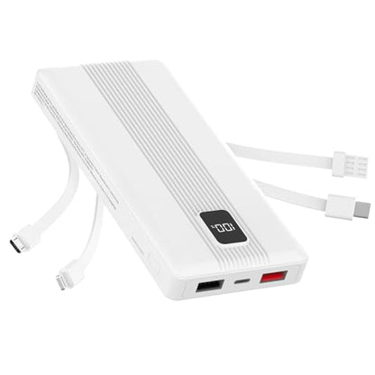 10000mAh Portable Charger with 4 Built-in Cables, 22.5W Fast Charging Power Bank, LED Display, Slim Travel Battery Pack for iPhone 17/16/15/14, Samsung Galaxy, iPad & More - color: White