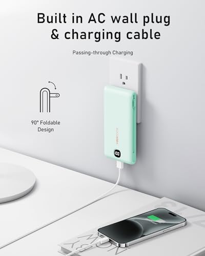 VEEKTOMX 10000mAh Portable Charger with Built-in Cables & Wall Plug - color: Cyan