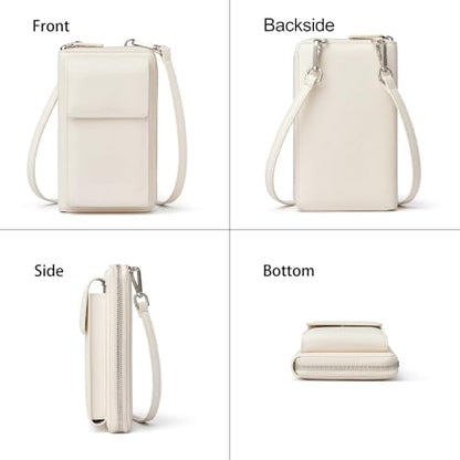 DORIS&JACKY Small Leather Crossbody Purse and Cell Phone Wallet for Women | RFID Blocking Shoulder Bag with Front Phone Pocket, Come with Long Detachable Strap and 12 Credit Card Slots - color: 2-off White