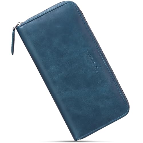VISOUL Leather Long Zipper Pouch Wallet for Men and Women with RFID Blocking, Large Clutch Cash Long Wallet with Zipper (Navy Blue) - color: Navy Blue