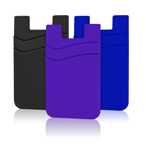 SHANSHUI Phone Card Holder, 3 Pack Cell Phone Sleeves Silicone Wallet for Credit ID Business Card Pocket Fitting for iPhone, Android and Most Smartphones - Black Purple Blue - color: Purple+Blue+Black