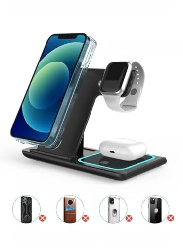 3-in-1 Wireless Charging Station for iPhone, Apple Watch & AirPods, Foldable Fast Wireless Charger Stand with Night Light, 15W Qi Charging Dock
