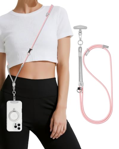 LEEUDESIGN 3 in 1 Luxury Phone Lanyard, Adjustable Crossbody Neck Strap & Short Wrist Strap, Anti-Lost Anti-Theft Detachable Phone Chain, Versatile Shoulder Phone Sling for All Cell Phones(Grey+Pink) - color: Grey+pink
