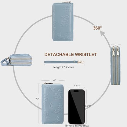 yiijay Womens Wallet RFID Blocking Large Capacity Vegan Leather Double Zip Wristlet Wallet Card Holder Travel Ladies Clutch - color: Blue