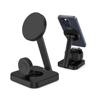Magnetic Charging Station for Apple Watch 11/10/9/8,Foldable Wireless Charger for iPhone 17 16 15 14 13 Pro Max,3 in 1 Adjustable Angle Phone Holder Travel Dock,Mag-Safe Charger Stand for AirPods Pro - color: Black