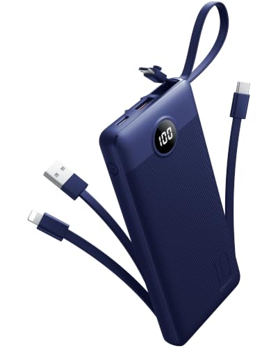 Portable Power Bank, Compact 10000mAh Portable Charger with 4 Cables, USB C Battery Pack 5 Outputs 2 Inputs LED Display Compatible with iPhone/Android & More (Navy Blue) - color: Navy Blue