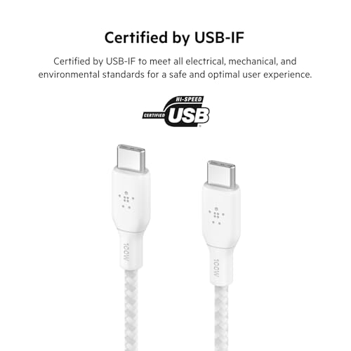 Belkin USB C to USB C 100W Braided Cable Fast iPhone Charger Cord, 9.9ft (Pack of 6) - style: 9.9ft (Pack of 6)