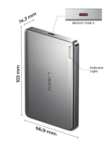 LISEN 0.5‘’ Ultra Slim MagSafe Portable Charger,10000mAh Wireless Card Slim MagSafe Battery Pack iPhone 17 Air Accessories,Magnetic Power Bank for iPhone 17 Pro Max Plus Air/16/15/14/13/12，GlacierGray - color: Glacier Gray