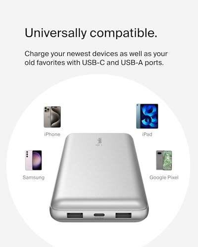 Belkin 20000mAh 15W 3 Port Power Bank, USB A to USB C Cable Included - color: Silver