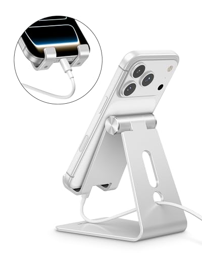 OMOTON C2 Adjustable Aluminum Cell Phone Stand with Charging Cutout, Silver - color: Silver