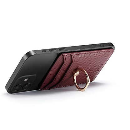 Card Holder Sleeve with Ring, RFID Credit Wallet PU Leather Stick On Back Grip for iPhone Samsung Smartphone - Burgundy - color: Burgundy