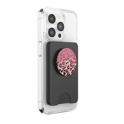 Cute Pink Leopard Print Pattern Fashion Design on Black PopSockets PopWallet for MagSafe - style: Magnetic PopWallet