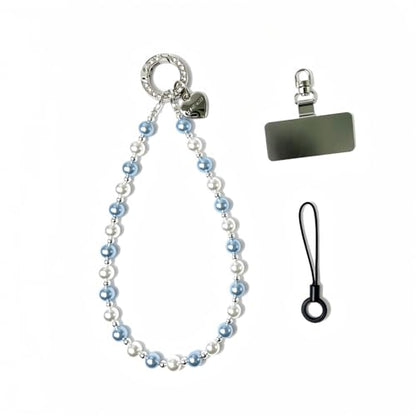 Beaded Pearl Phone Charm Wrist Strap, Camera AirPods Bags Charms(Blue） - color: Blue