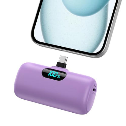 Mini Portable Charger USB C Power Bank,Upgraded 5000mAh PD Fast Charging Battery Pack Built-in USB-C Connector Travel Essential for iPhone17/17Pro/17Pro Max/Air/16 Plus/16Pro Max/15 Series,Android etc - color: Purple