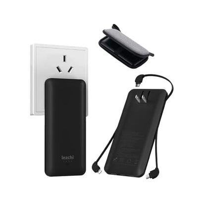 Portable Power Bank, Ultra Slim 10000mAh Portable Charger with Built in Cable, USB C External Battery Pack with Built-in AC Wall Plug Compatible with iPhone Smartphone Tablet… - color: Black