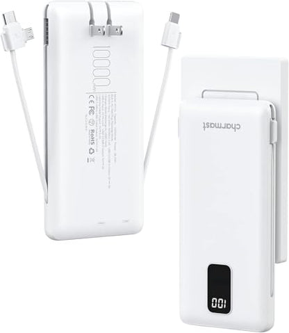 charmast Portable Charger Power Bank Built in Cables,10000mAh Battery Pack | with AC Wall Plug,LED Display & 5 Outputs,Travel Camping Essentials Slim External Phone Charger for iPhone,Samsung,Android - color: White