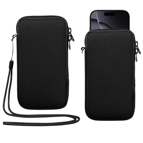 Neoprene Cell Phone Sleeve Zipper Phone Pouch Holder w/Neck Strap Compatible for iPhone 17 Pro Max 16 Plus Galaxy S26 Ultra S26+ S25 FE A17 A36 A56 Oneplus 15 13 Pixel 10 Poco X7 Pro (Black) - color: Black