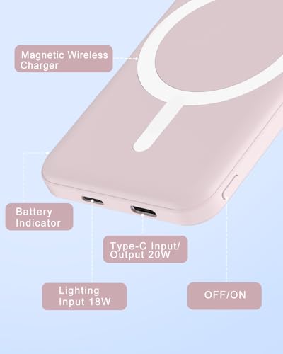 podoru for MagSafe Power Bank 5000mAh, Ultra-Slim Magnetic Portable Charger - color: Light Pink