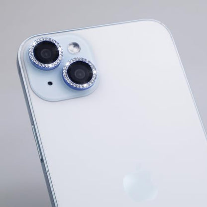 Camera Lens Protector for iPhone 15/15 Plus/14/14 PlusBling Diamond Metal Ring Rhinestone Tempered Glass Lens Cover Accessories (Blue) - color: Blue