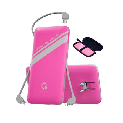 10000mAh Power Bank, Q Slim Portable Charger,4 Output External Battery Pack with Built-in AC Wall Plug Micro USB C Three Cables Compatible with All Kinds of mobilephone (Pink) - color: Pink