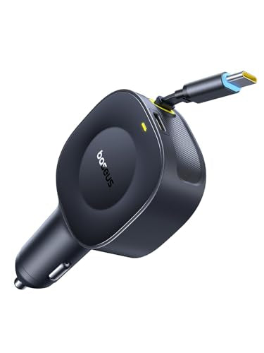 Baseus Ultra-Mini Retractable Car Charger USB C, 60W Fast Charging Car Charger with Retractable USB C Cable for iPhone 17 16 15 Pro Max, Samsung Galaxy S25 Ultra, Android, iPad, AirPods