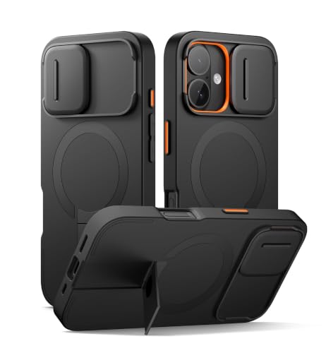 SURITCH for iPhone 16 Case with Magnetic Camera Slide Cover and Adjustable Kickstand, Compatible with MagSafe, Shockproof Bumper Case Slim Protective Cover 6.1 Inch, Black - color: Black, size: IPhone 16-6.1"