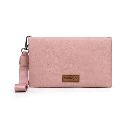 Montana West Wrangler Womens Wristlet Wallet RFID Blocking Bifold Clutch Credit Card Holder Purse with Crossbody Strap - color: B-Pink