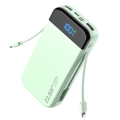 Phone Battery Bank 32000mAh 22.5W w/Built-in Cables & USB C Fast Charging - color: Green