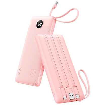 VRURC Portable Charger, Slim Power Bank Built-in 4 Cables, Travel Essential - color: Pink