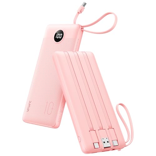 VRURC Portable Charger, Slim Power Bank Built-in 4 Cables, Travel Essential - color: Pink