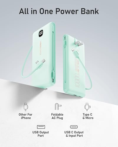 VEEKTOMX 10000mAh Portable Charger with Built-in Cables & Wall Plug - color: Cyan