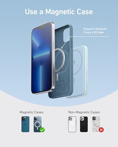 Anker 621 MagGo Power Bank, 5,000mAh Magnetic Portable Charger | Travel Essential Battery Pack with USB-C Cable, Compatible with iPhone 16 / 15 / 14 / 13 / 12 Series - color: Blue, size: 4.13 x 2.62 x 0.45 inches
