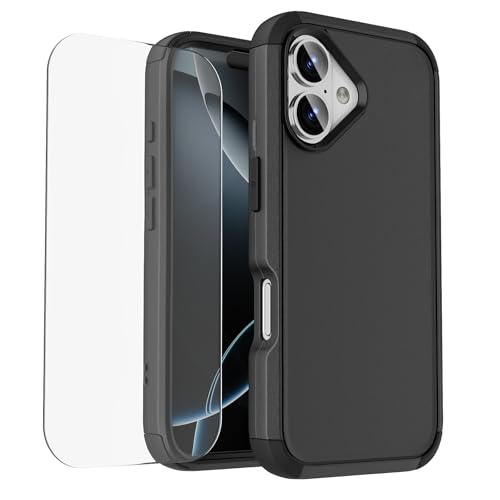 Compatible with iPhone 16 Phone Case with Tempered Glass Screen Protector - 3 in 1 Shockproof Shock-Resistant Drop Protection Non-Slip Protective Case for Apple iPhone 16 6.1" (Black) - color: Black, size: i16