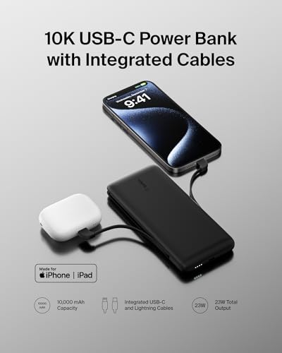 Belkin 10K 23W Portable Charger Power Bank, Integrated USB C and LTG Cables - color: Black