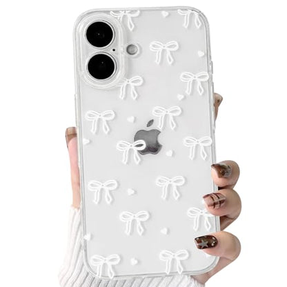 NITITOP Compatible with iPhone 16 Case Clear Cute Bow Ribbon Love Heart Pattern for Women Girls Bowknot Full Camera Lens Soft TPU Slim Shockproof Protective Cover - White - color: White, size: iPhone 16