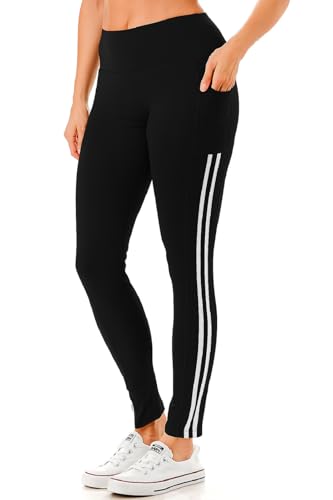 Women's High Waist Active Leggings with Pockets Squat Proof Yoga Workout Pants Tummy Control Stretch Activewear - color: Striped Black, size: Medium