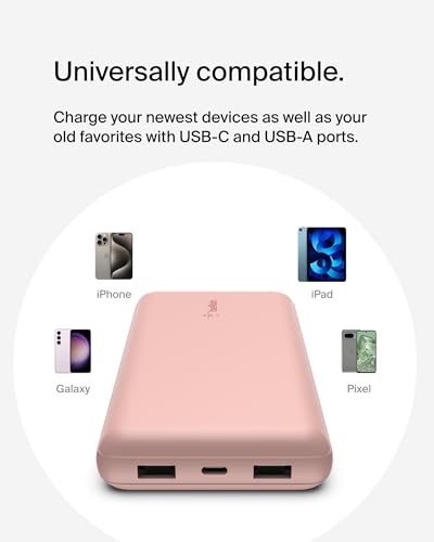 Belkin 20000mAh 15W 3 Port Power Bank, USB A to USB C Cable Included - color: Rose Gold