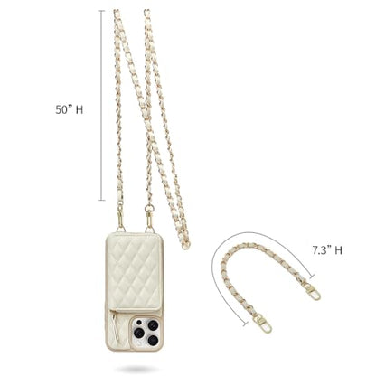 LAMEEKU Wallet Case Compatible with iPhone 13 Pro Max, Crossbody Quilted Leather Card Holder with Chain Strap Protective Bumper Cover for iPhone 13 Pro Max, 6.7 Inch-Beige - color: Beige-01, size: iPhone 13 Pro Max-6.7"