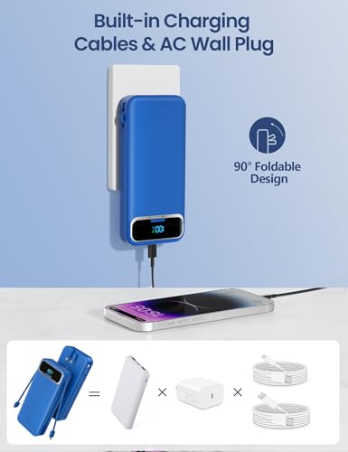 aonidi Portable Charger 12000mAh with Built-in Cables&AC Wall Plug, Navy - color: Navy