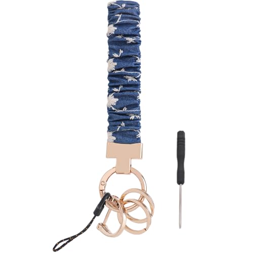 Blue Floral Scrunchie Wristlet Keychain– Tarnish-Resistant Key Ring - color: Denim Daisy Wrist Keychain