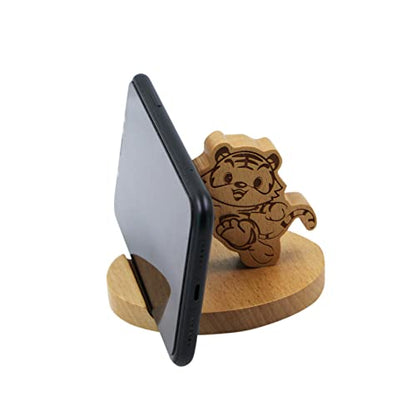 Cute Tiger Wooden Smartphone Desk Holder for All Mobile Phones with Anti-Slip Base and Groove for Phone - color: Tiger