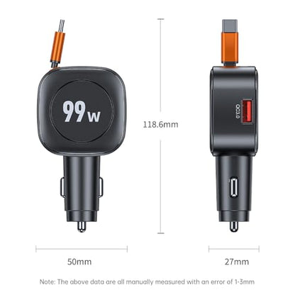 FMIIFMS Retractable Car Charger, 99W USB C Car Charger Adapter, 3-in-1 Multi Port Fast Charging Car Accessories Compatible with iPhone 17/16/15 Series