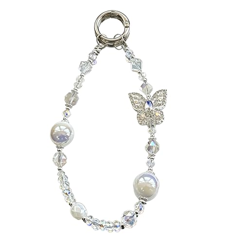 Rhinestone Bead Phone Charm for Women, Butterfly Bow Beaded Wrist Strap Lanyard with Tether Tab – Anti-Theft Hands-Free Detachable Phone Chain Wristlet - color: Butterfly Beads White