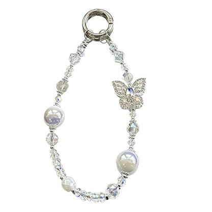 Rhinestone Bead Phone Charm for Women, Butterfly Bow Beaded Wrist Strap Lanyard with Tether Tab – Anti-Theft Hands-Free Detachable Phone Chain Wristlet - color: Butterfly Beads White