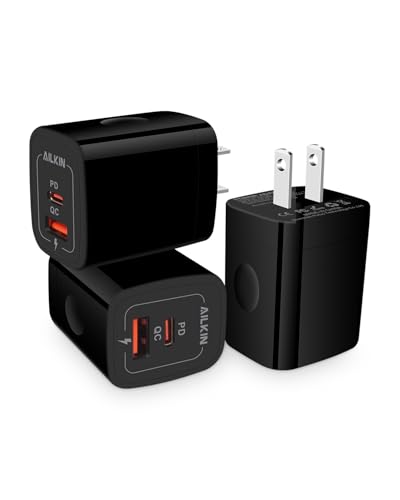 3Pack Dual Port USB-C Wall Plug-in USBC Charger, AILKIN 20W Power Delivery - color: Black