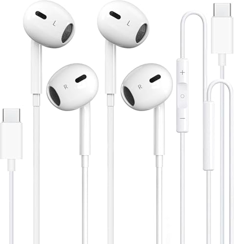 2 Pack Type C Headphones Wired for iPhone 17 16 16e 15 Pro Max Plus, USB C Earphones with Microphone & Delivers Crisp Stereo Sound with Rich bass Earbuds for iPhone 15 16 Pro Max, iPad