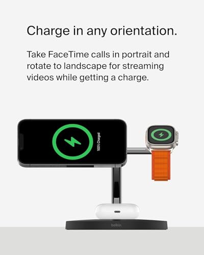 Belkin MagSafe 3 in 1 Wireless Charging Stand, 2nd Gen, 33% Faster - color: Black, style: Chrome Finish
